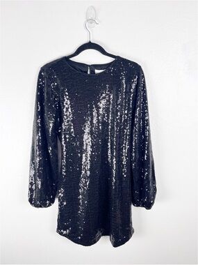APRICOT Black Sequins Long Sleeves Belted Waist Lined Dress XL Party Minimalist